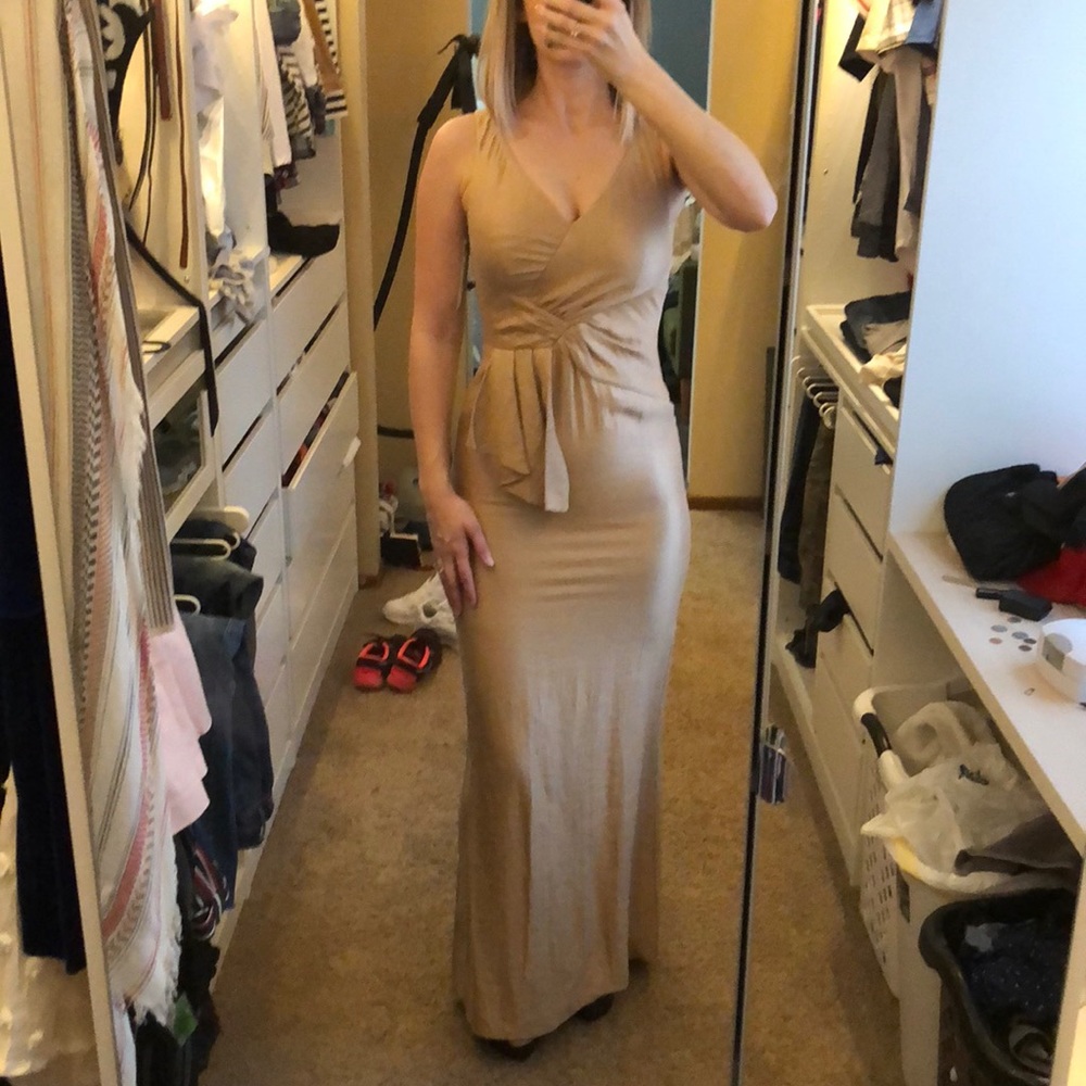 Badgley mischka floor length gold gown with train
